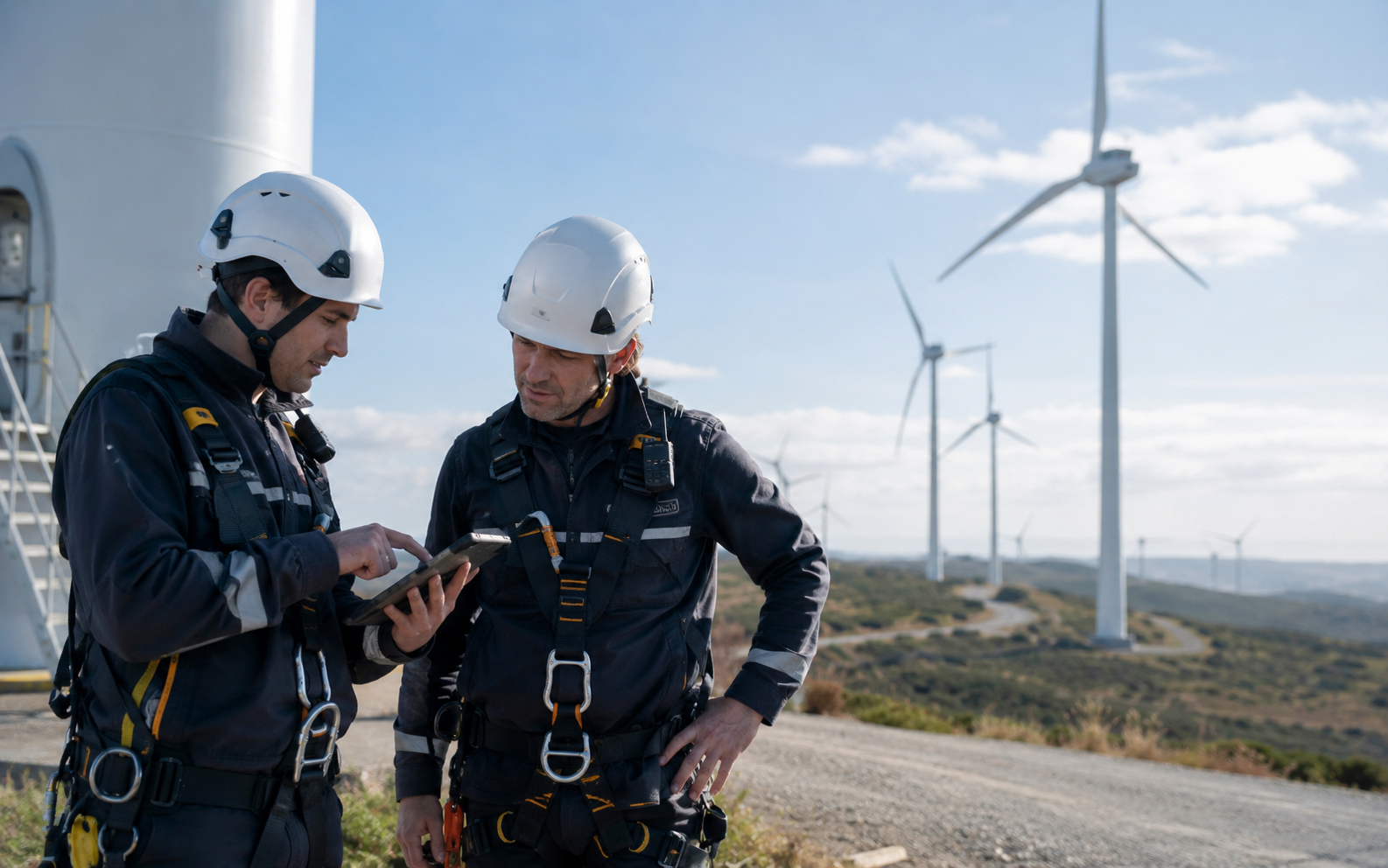 Servicekräfte in einem Windpark mit digitaler Notfallunterstützung