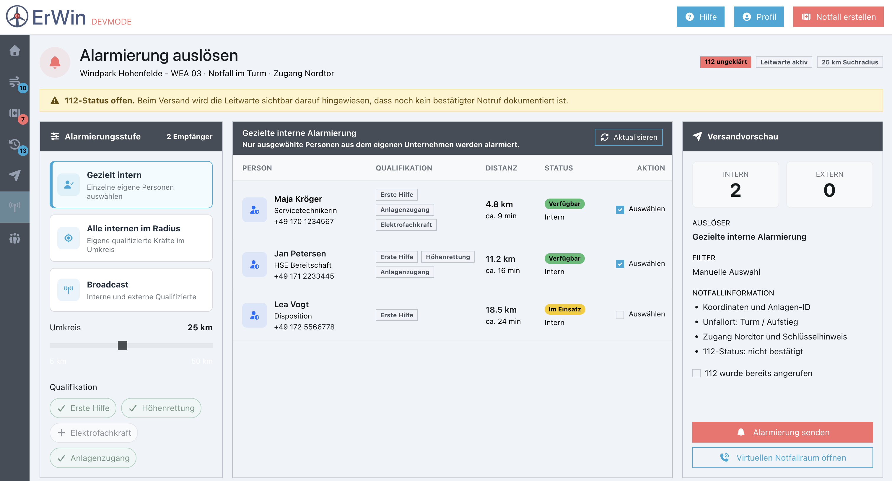 ErWin WebPortal Ansicht zur Erstellung eines neuen Notfalls