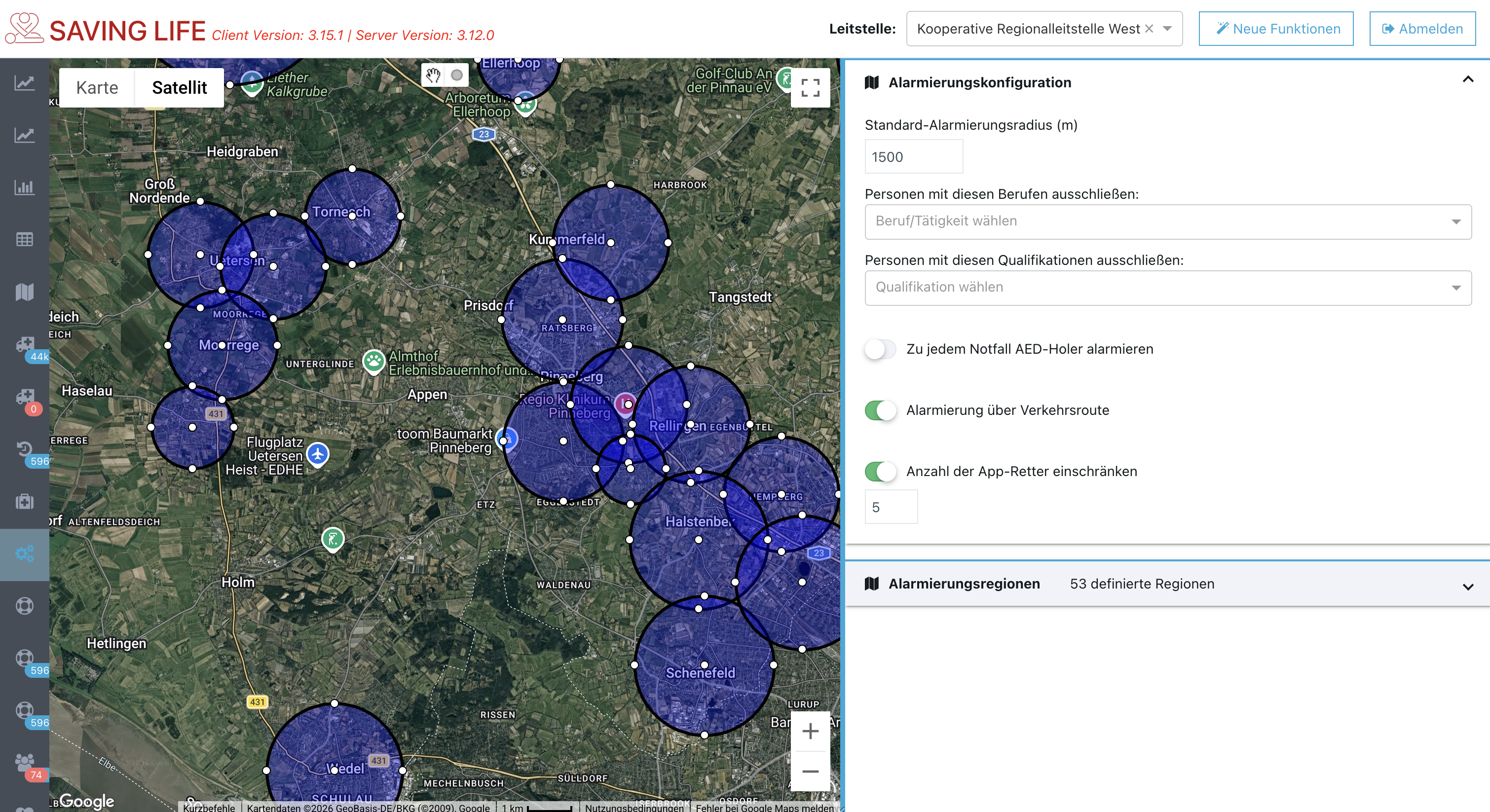 SavingLife WebPortal Ansicht mit Alarmierungsparametern wie Region, Wegdauer, Anzahl und Qualifikation