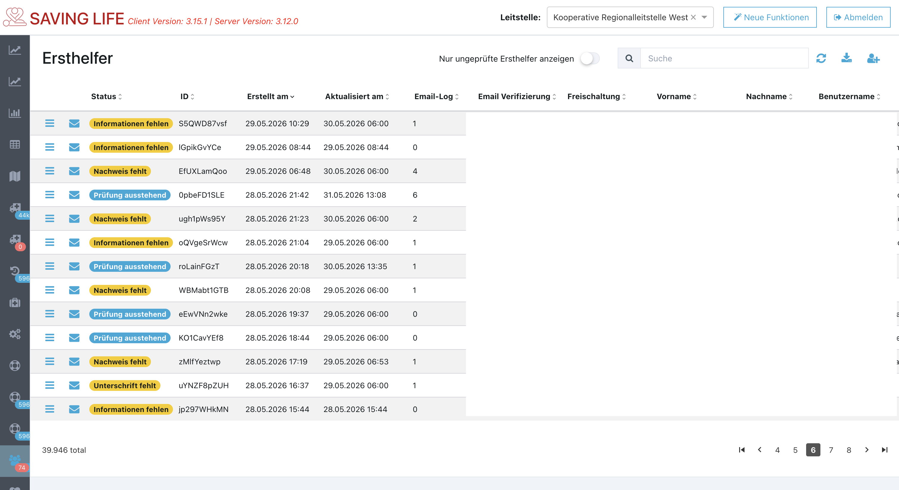 SavingLife WebPortal Ansicht mit Ersthelferstatus und Profilinformationen