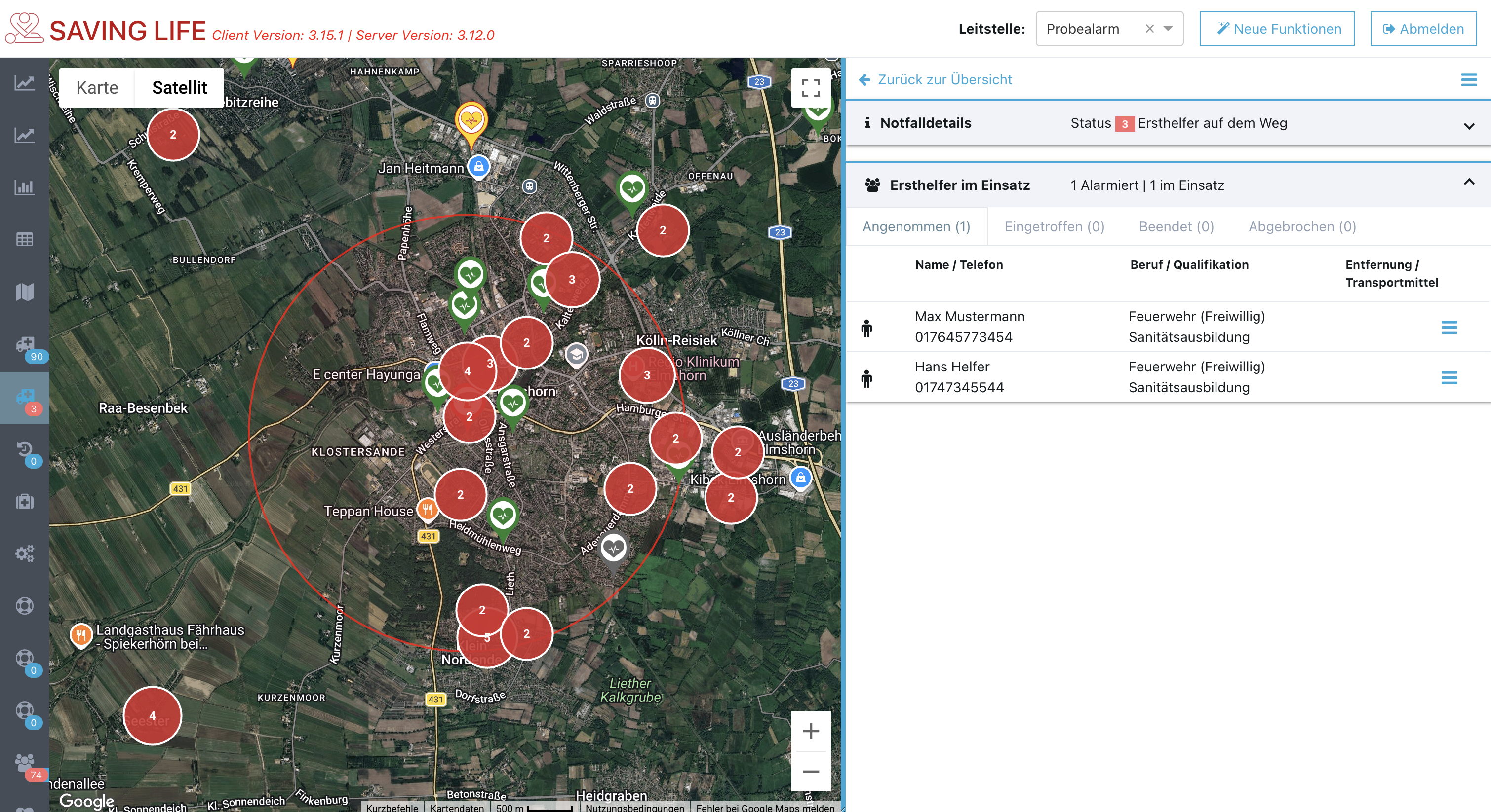 SavingLife WebPortal Ansicht eines laufenden Einsatzes mit Status, Kommunikation und AED-Informationen